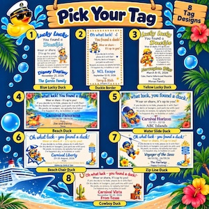 An informational graphic displaying eight numbered tag design options for cruise ducks with varying text and tropical backgrounds.