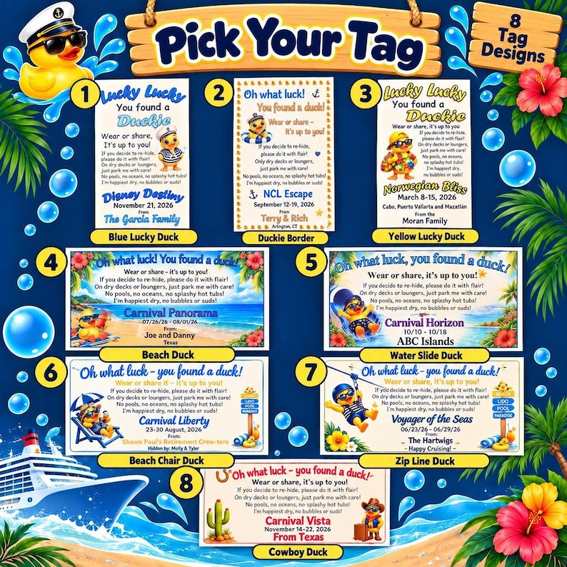 An informational graphic displaying eight numbered tag design options for cruise ducks with varying text and tropical backgrounds.