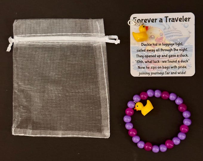 Featured listing image: Travel Cruise Duck Charm Card, Zipper Pull, Stretch Bracelet – pre-made Cabin Gift Echange