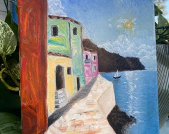 Pintura al óleo original de una villa mediterránea junto al mar - "Villa"