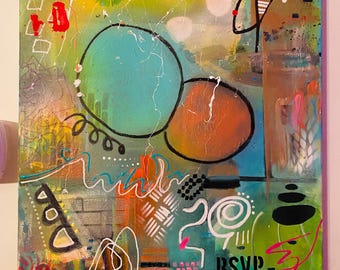 Original Spray Painted Acryl Abstrakte - Schwarzlicht Freundlicher Pop Neon - ""Block Party""