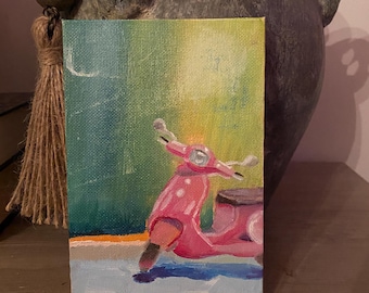 Dipinto ad olio, vibrante realismo pop, scooter rosa