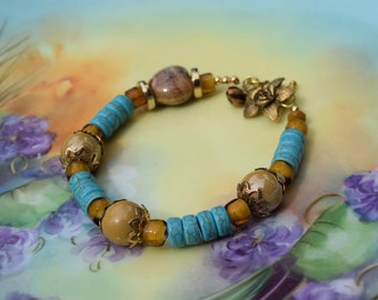 Mediterranean Vacation --Turquoise and Caramel Beaded Bracelet