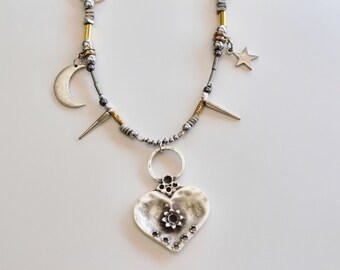 Rock & Roll Necklace Heart, Moon, and Stars in Silver and Gold