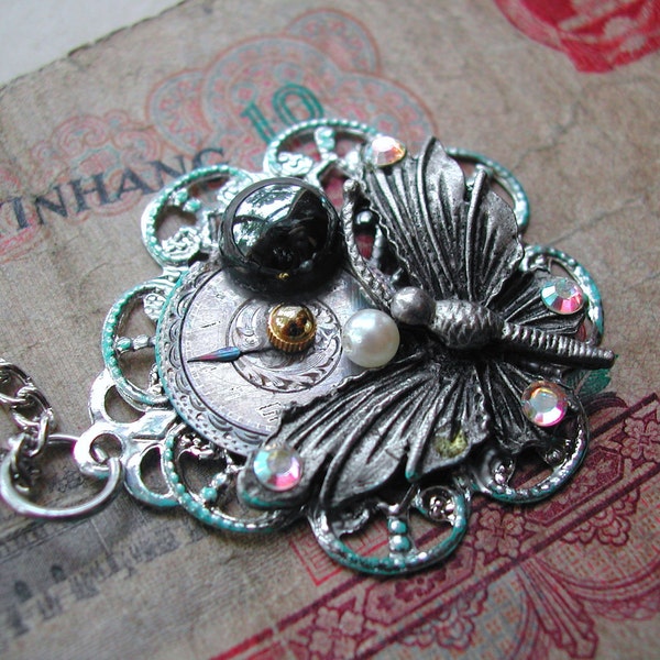 Steampunk Butterfly Necklace "New Moon as Midnight Approaches"