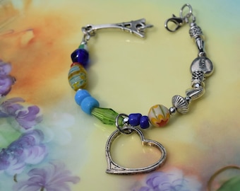 I Love Paris Bracelet with Eiffel Tower, Heart Charm, and Millefiori beads