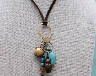 Bohemian Owl and Arrow Necklace in Turquoise and Amber
