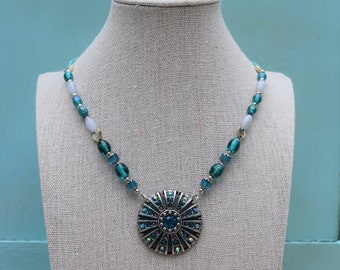 Wheel in the Sky --Blue and Silver Beaded Necklace