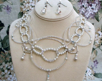 Bridal Necklace "Crystal and Pearl Symphony" with Earrings