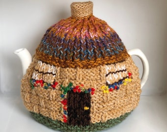 Tea Cosy. Hand Knitted. English Thatched Cottage-in-a-box. Double thickness. LARGE size (2 litre). Various colour ways available.