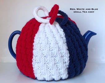Knitted Tea Cosy. SALE! Red, White & Blue. For 2-cup traditional-shaped teapot. Made in England. DOUBLE thickness. Less than Half Price