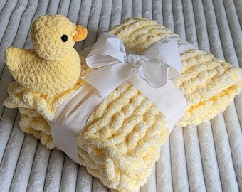 Gift Set- Yellow Baby Blanket and Stuffed rubber ducky - extra soft - baby shower gift - crib or stroller throw blanket, crocheted playmat