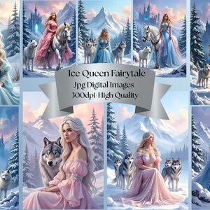 May include: Digital images featuring an ice queen fairytale theme. The images depict a woman in a flowing gown with a wolf, a horse, and a castle in a snowy landscape. The text on the image reads "Ice Queen Fairytale Jpg Digital Images 300dpi High Quality."
