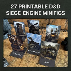 Może przedstawiać: Zestaw 27 drukowanych miniaturowych maszyn oblężniczych D&D. Obrazy przedstawiają różne maszyny oblężnicze, w tym trebusz, taran i kocioł wrzący. Minifigurki są prezentowane na powierzchni przypominającej mapę, z nazwami maszyn wydrukowanymi.