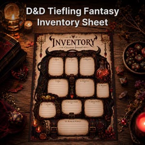 Puede incluir: Una hoja de inventario de fantasía D&D Tiefling con un diario de personaje estilo pergamino que incluye secciones para comida, herramientas, armas, pociones, monedas y libros. El diseño presenta bordes oscuros ornamentados y gemas rojas.
