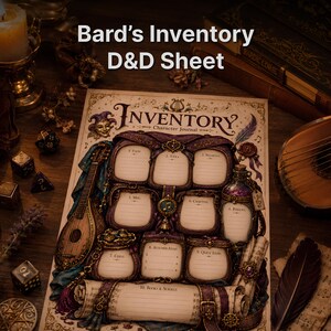 Printbaar inventarisblad voor een bard | Pagina voor een D&D-personagedagboek | Rugzaktracker voor fantasy-RPG's (PDF)