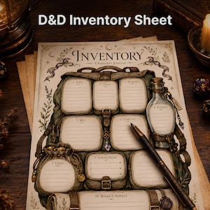 May include: A D&D Inventory Sheet character journal printed on aged paper. The design features a large backpack with numbered sections for food, tools, weapons, potions, miscellaneous items, crafting, coins, attuned items, quests, and books and scrolls.
