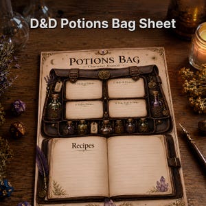 May include: A D&D Potions Bag Sheet character journal printed on parchment-style paper. The design features a brown leather bag illustration with labeled sections for Healing Potions, Buffs & Protection, Utility Potions, and Oils, Vials & Other.