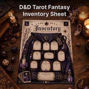 May include: A D&D Tarot Fantasy Inventory Sheet featuring a dark blue backpack illustration with numbered sections for food, tools, weapons, potions, misc, crafting, coins, attuned items, quest items, and books and scrolls, decorated with celestial motifs.