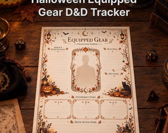May include: A rectangular paper D&D character journal sheet titled "Equipped Gear" with Halloween-themed illustrations including pumpkins, a black cat, lanterns, and autumn leaves. The layout features sections for armor, weapons, and attunement items.