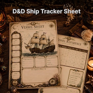 Puede incluir: Una hoja de seguimiento de barcos D&D con un diseño de papel vintage y una ilustración central de un velero. El documento incluye secciones para el nombre del barco, tamaño, velocidad, CA, HP, tripulación, carga y notas del capitán.