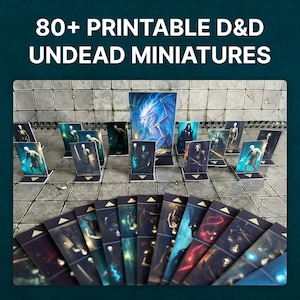 Puede incluir: Miniaturas imprimibles de D&D undead. La imagen muestra una colección de figuras en miniatura, incluyendo zombis y otras criaturas no muertas, dispuestas sobre un tablero de juego. El texto en la parte superior dice "80+ PRINTABLE D&D UNDEAD MINIATURES."