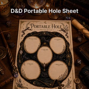 May include: A cream-colored D&D Portable Hole character journal sheet featuring a dark blue, star-patterned circular center with five oval writing sections labeled for weapons, armor, consumables, large items, valuables, and miscellaneous.