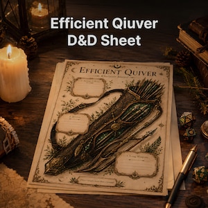May include: A paper D&D character journal sheet titled Efficient Quiver, featuring an illustration of a dark, ornate quiver filled with arrows and javelins. The page includes sections for Arrows & Bolts, Javelins, and Long Weapons, with decorative botanical borders and text stating Never weighs more than 2 pounds.