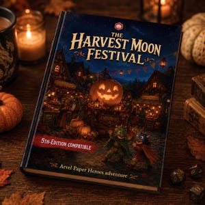 May include: A hardcover book titled The Harvest Moon Festival, featuring a dark, atmospheric illustration of a village celebration with a large glowing jack-o'-lantern, two small costumed figures, and the text 5th-Edition Compatible and Arvel Paper Heroes adventure.