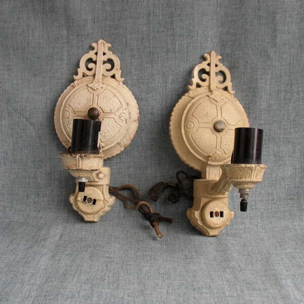 2 Vintage Metal Light Fixtures Matching Set with Outlets Art Deco Home Decor Wall Sconce