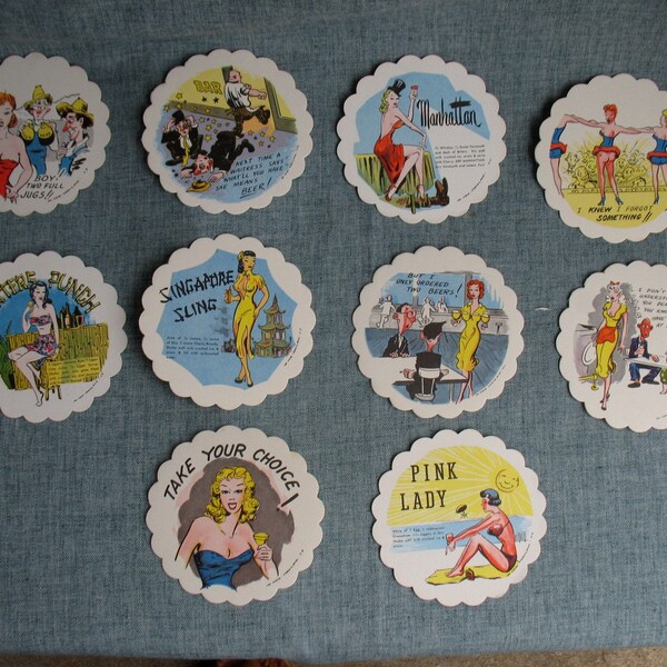 10 Vintage Paper Bar Coasters Risque Naughty Funny Unused Cocktail Recipes Martini Beer