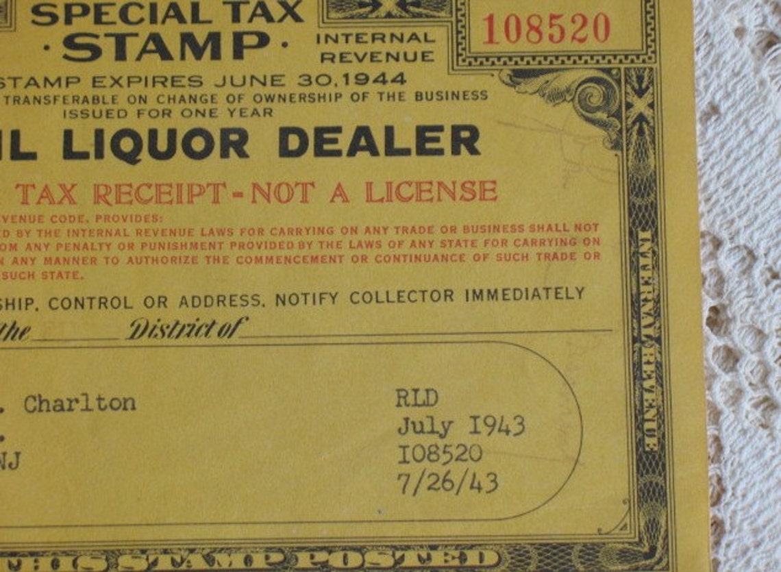 Vintage Tax Stamp Retail Liquor Dealer Delaware New Jersey Etsy