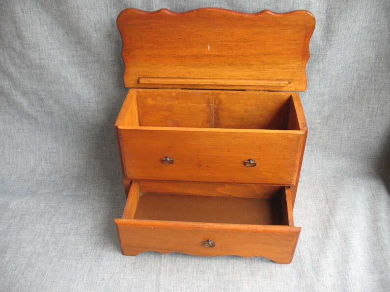 Vintage Wood Jewelry Box Dresser Caddy Flip Top Lid with Drawer Handmade One-Of-A-Kind