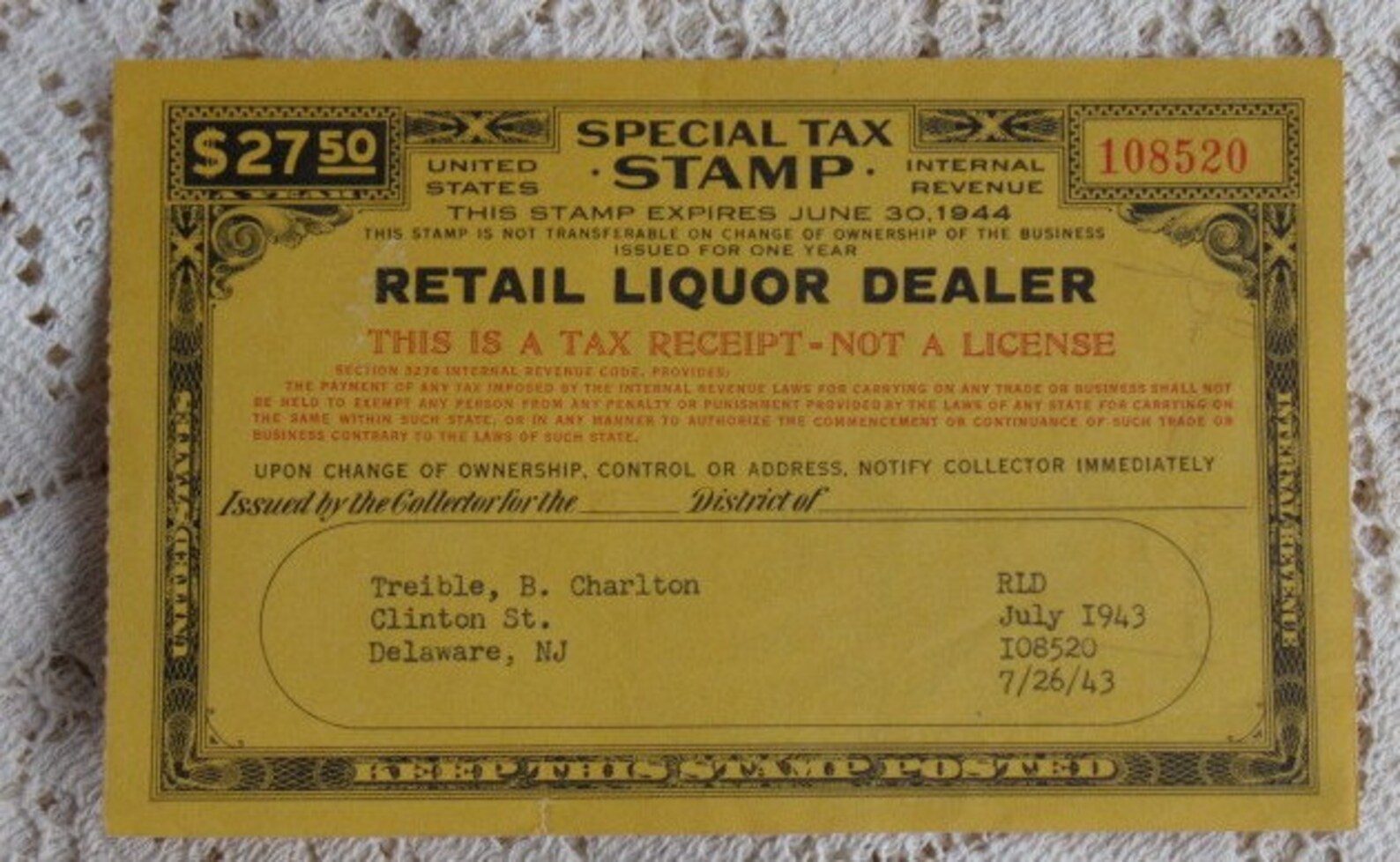 Vintage Tax Stamp Retail Liquor Dealer Delaware New Jersey Etsy