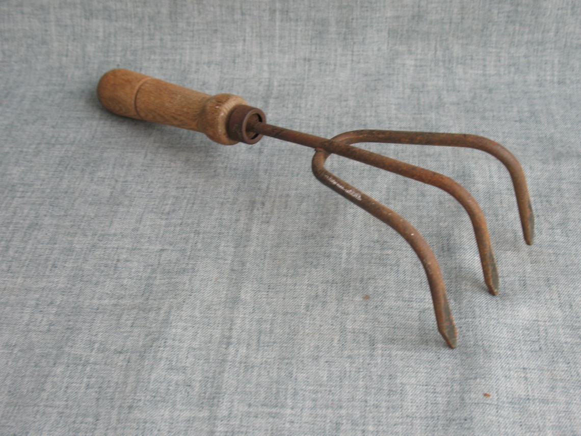 Vintage Garden Rake 3 Prong Cultivator Hand Tool Wood Handle | Etsy