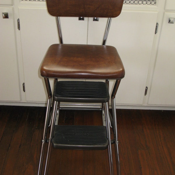 Vintage Cosco Stool Seat Mid Century Step Stool Kitchen Stool Fold Up Steps Brown