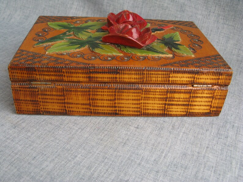 Vintage Wood Box Hand Carved Roses Leaves Applique Jewelry Box W/ Mirror Pyrography Folk Art Box Jozef PaczeK Bochnia, Poland image 4