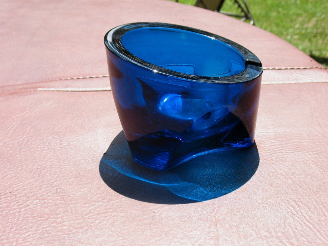 Vintage Cobalt Blue Glass Ashtray w/ Lighter set Slash Orb Etsy