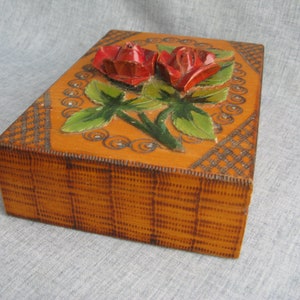 Vintage Wood Box Hand Carved Roses Leaves Applique Jewelry Box W/ Mirror Pyrography Folk Art Box Jozef PaczeK Bochnia, Poland image 3