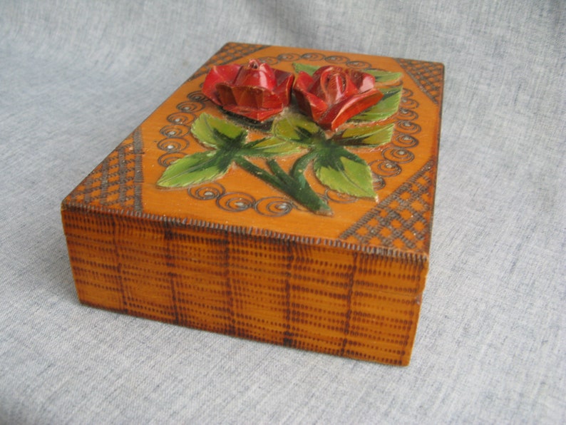 Vintage Wood Box Hand Carved Roses Leaves Applique Jewelry Box W/ Mirror Pyrography Folk Art Box Jozef PaczeK Bochnia, Poland image 3