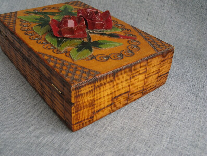 Vintage Wood Box Hand Carved Roses Leaves Applique Jewelry Box W/ Mirror Pyrography Folk Art Box Jozef PaczeK Bochnia, Poland image 5