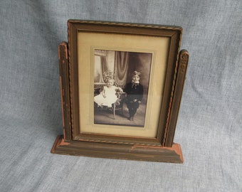 Vintage Wood Swivel Swinging Picture Frame with Glass & Photograph
