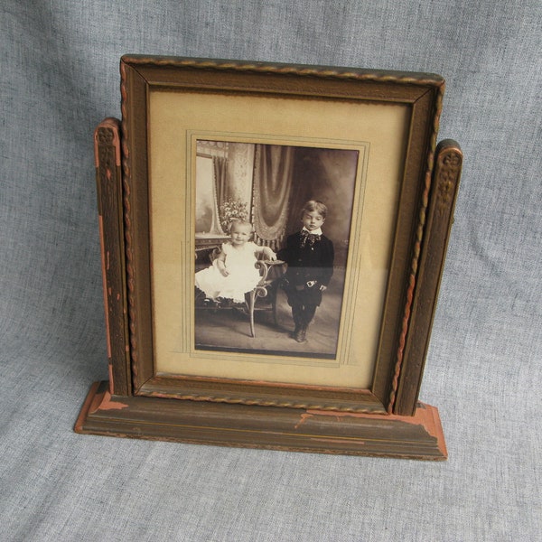 Vintage Wood Swivel Swinging Picture Frame with Glass & Photograph