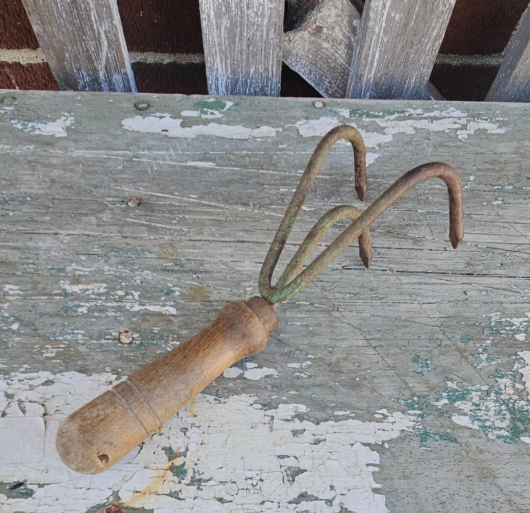 Vintage Garden Rake 3 Prong Cultivator Hand Tool Wood Handle Garden ...