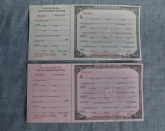 Vintage Pharmacy Prohibition Whiskey Prescription Original & Duplicate Forms for Medical Alcohol Liquor Unused