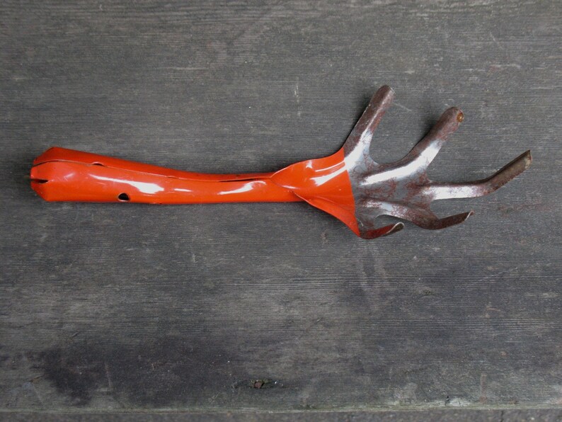 Vintage Garden Tool Metal Hand Rake 1980s Orange Mod Garden Shed Yard Art