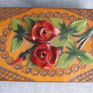 Vintage Wood Box Hand Carved Roses Leaves Applique Jewelry Box W/ Mirror Pyrography Folk Art Box Jozef PaczeK Bochnia, Poland image 2