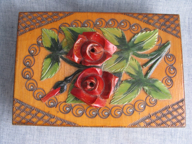Vintage Wood Box Hand Carved Roses Leaves Applique Jewelry Box W/ Mirror Pyrography Folk Art Box Jozef PaczeK Bochnia, Poland image 2