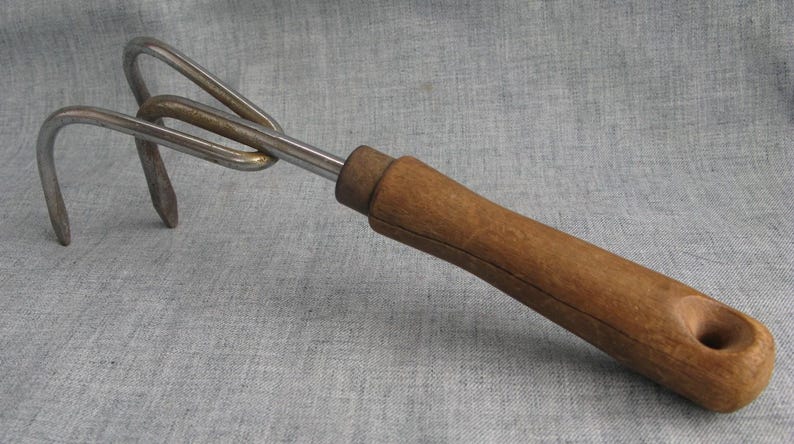 Vintage Garden Rake 3 Prong Cultivator Hand Tool Wood Handle Garden ...