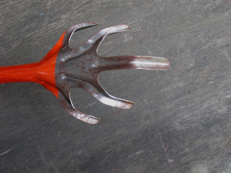 Vintage Garden Tool Metal Hand Rake 1980s Orange Mod Garden Shed Yard Art